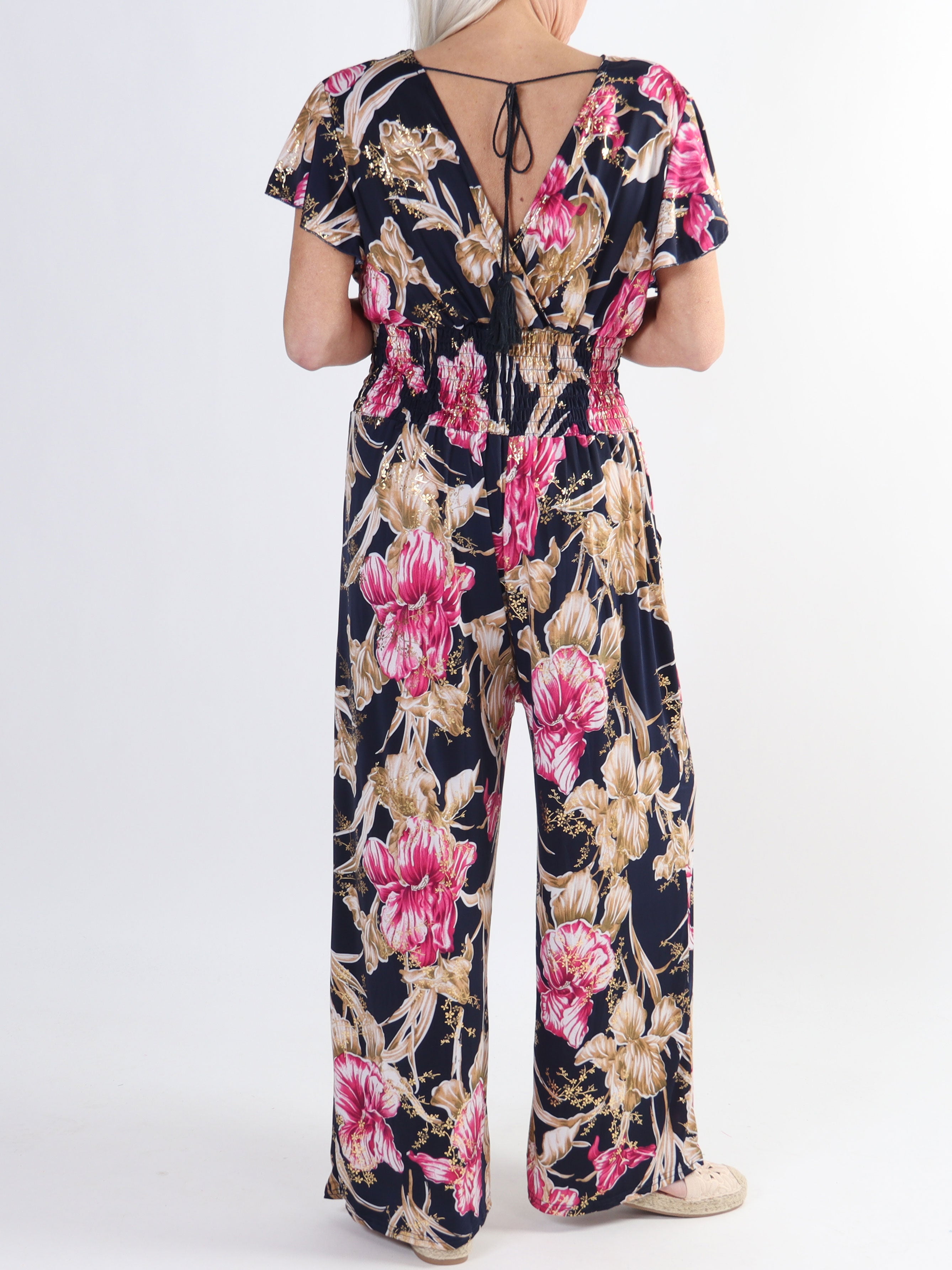 Pams Spring Jumpsuit O/B - Blomstret plus size elastisk buksedragt